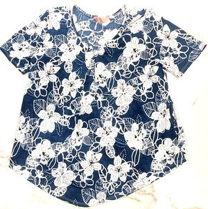 Amana Women's Floral Short Sleeve Blouse, Blue & White , Size XL